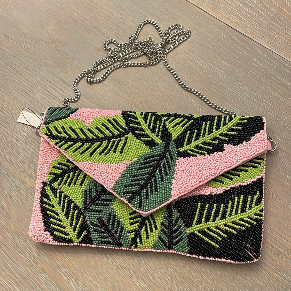 Palm leaf beaded clutch, crossbody, new